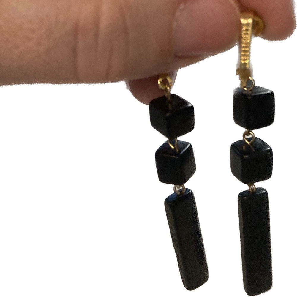 Vintages Celebrity signed geometric, wooden, clip-on dangle earrings